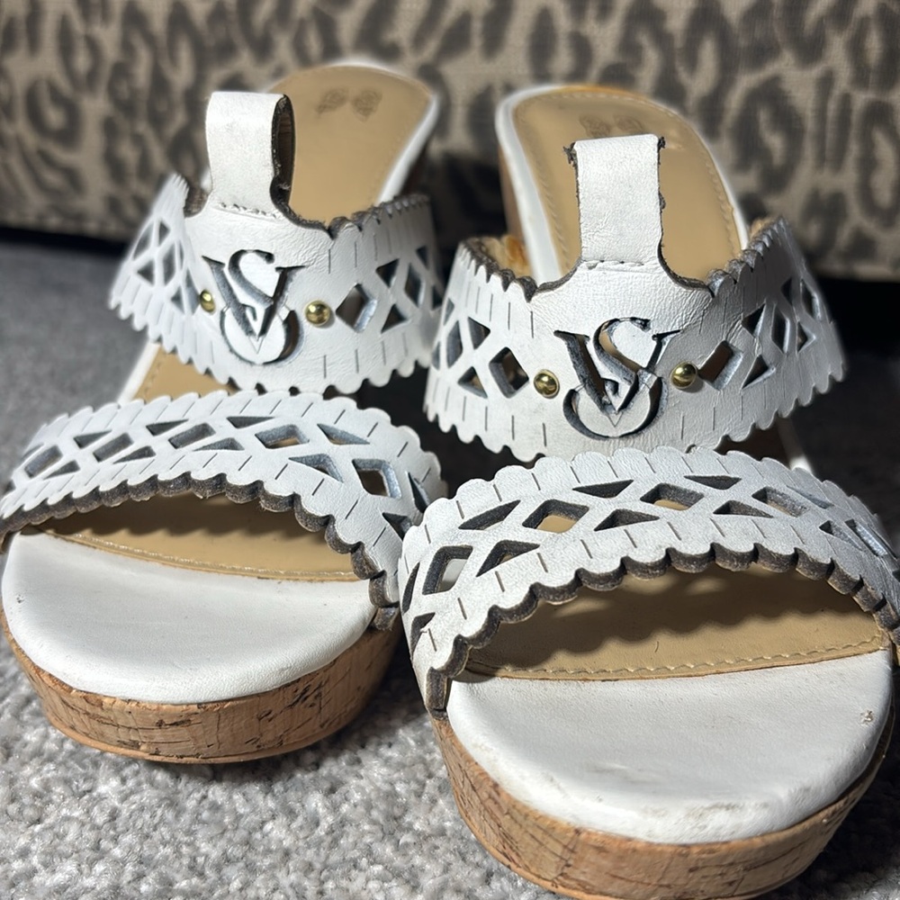 Vintage Victoria's Secret White leather Platform heels Cork heel cutout sandal - Picture 2 of 11